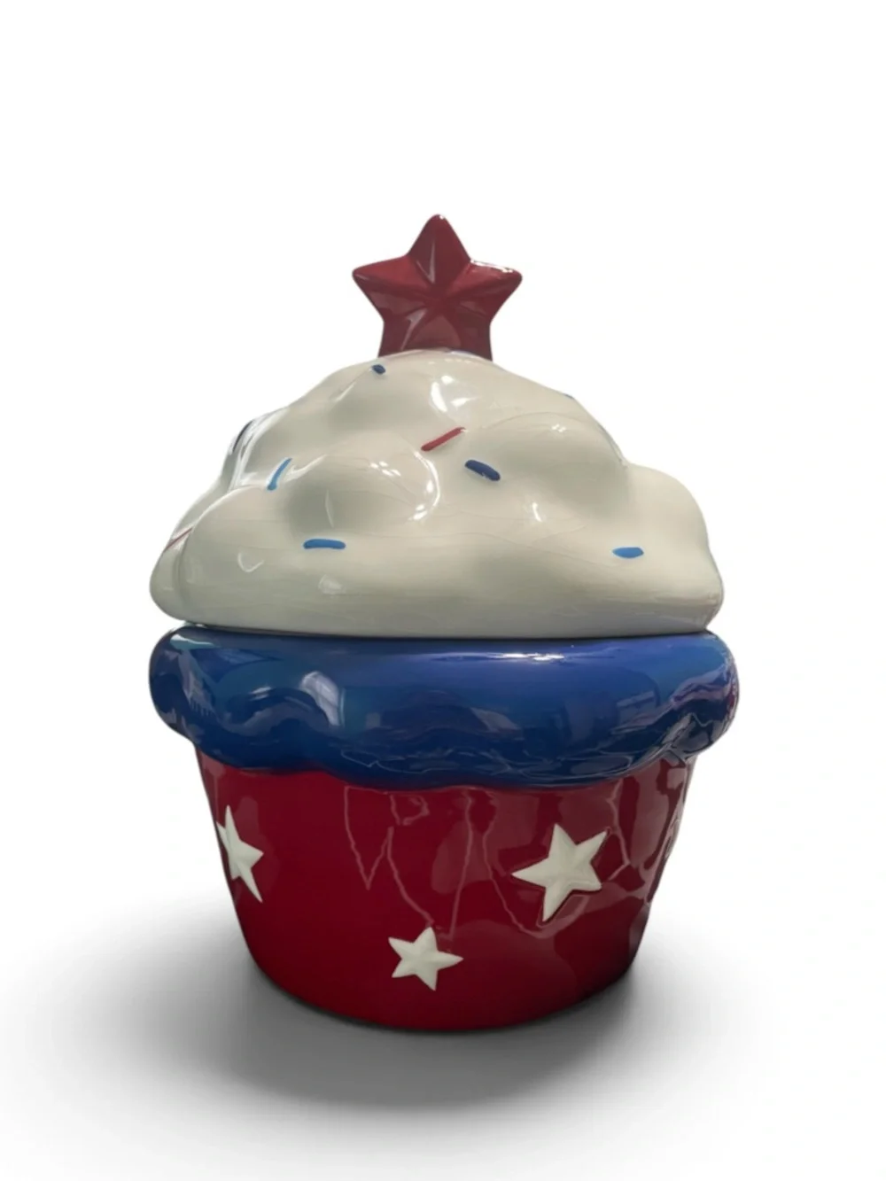 Patriotic Ceramics Cupcake shaped Cookie Jar In Patriotic Red, White & Blue
